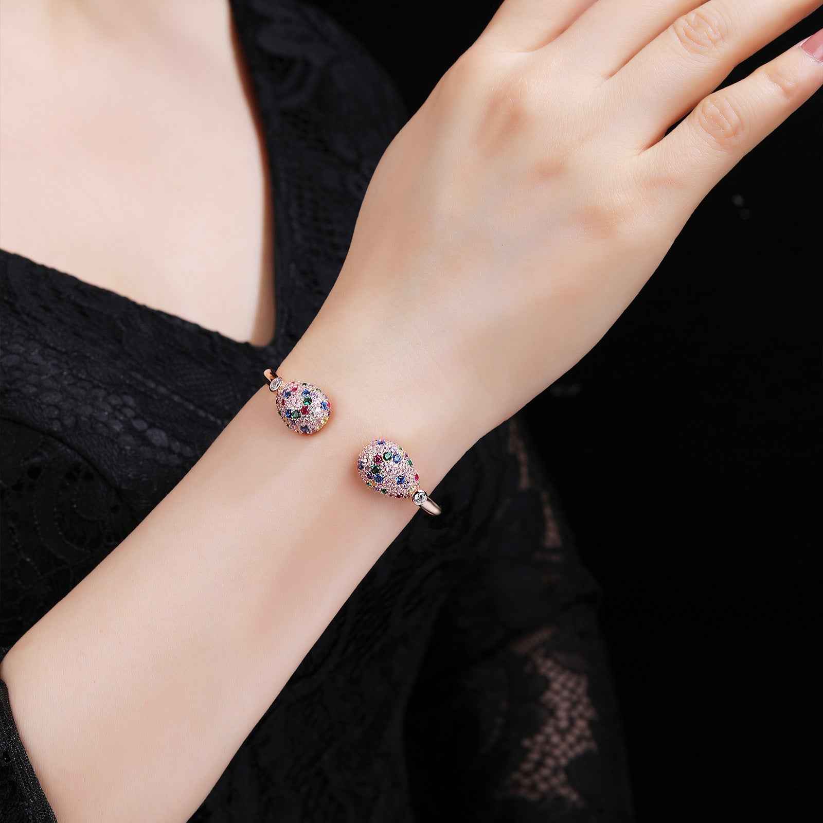 S925 Sterling Silver Rose Gold Open-End Bracelet with Multi-Color 5A Zirconia Gemstones