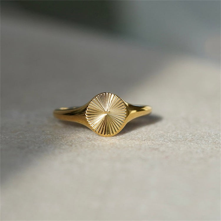 Titanium steel 18K gold plated geometric stripe ring on hand, Close-up of horizontal striped design on gold plated ring, Luxury gift box with 18K gold titanium steel jewelry, Water-resistant gold plated ring with recycled titanium steel,Two-year guarantee hypoallergenic gold tone ring