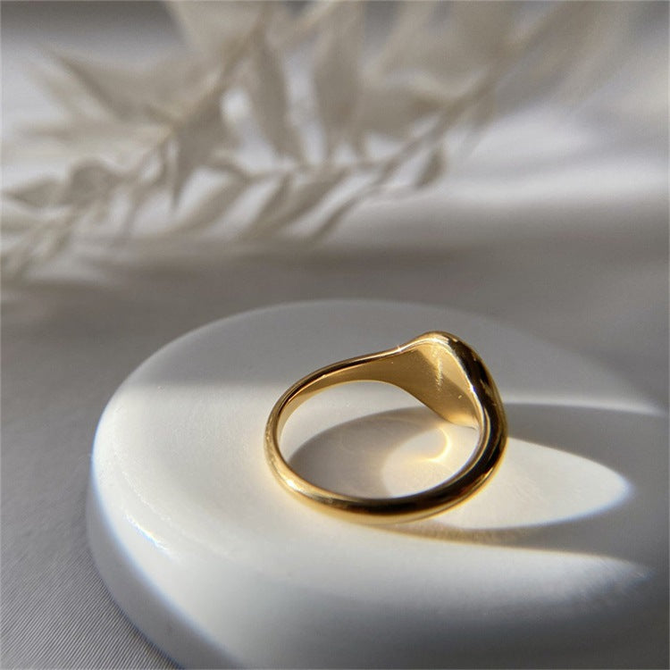 Titanium steel 18K gold plated geometric stripe ring on hand, Close-up of horizontal striped design on gold plated ring, Luxury gift box with 18K gold titanium steel jewelry, Water-resistant gold plated ring with recycled titanium steel,Two-year guarantee hypoallergenic gold tone ring
