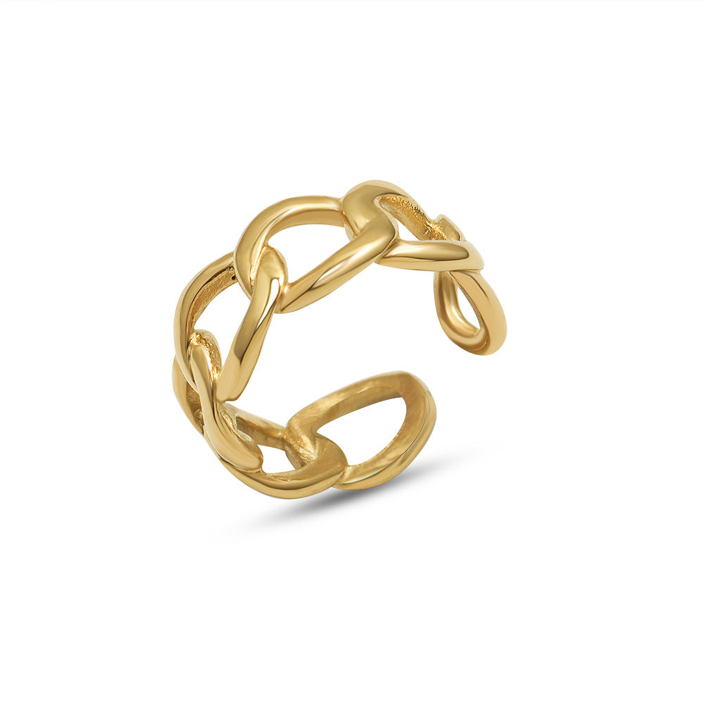 Titanium steel 18K gold plated geometric stripe ring on hand, Close-up of horizontal striped design on gold plated ring, Luxury gift box with 18K gold titanium steel jewelry, Water-resistant gold plated ring with recycled titanium steel,Two-year guarantee hypoallergenic gold tone ring