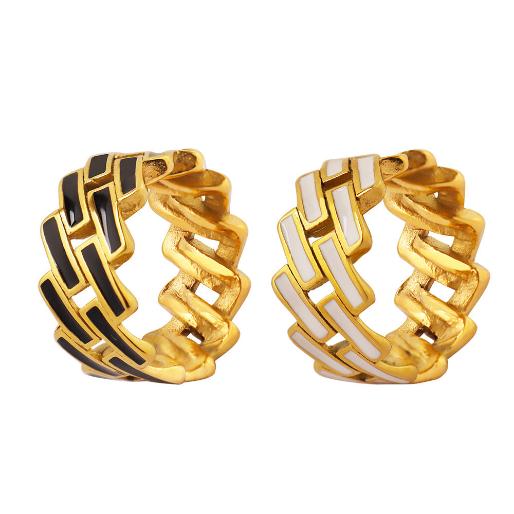 Titanium steel 18K gold plated geometric stripe ring on hand, Close-up of horizontal striped design on gold plated ring, Luxury gift box with 18K gold titanium steel jewelry, Water-resistant gold plated ring with recycled titanium steel,Two-year guarantee hypoallergenic gold tone ring