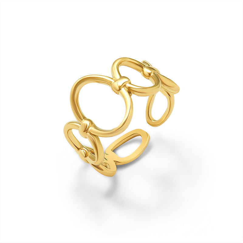 Titanium steel 18K gold plated geometric stripe ring on hand, Close-up of horizontal striped design on gold plated ring, Luxury gift box with 18K gold titanium steel jewelry, Water-resistant gold plated ring with recycled titanium steel,Two-year guarantee hypoallergenic gold tone ring