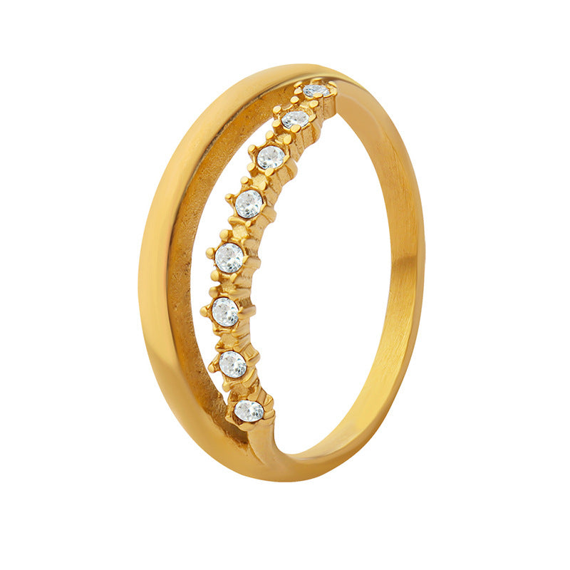 Titanium steel 18K gold plated geometric stripe ring on hand, Close-up of horizontal striped design on gold plated ring, Luxury gift box with 18K gold titanium steel jewelry, Water-resistant gold plated ring with recycled titanium steel,Two-year guarantee hypoallergenic gold tone ring