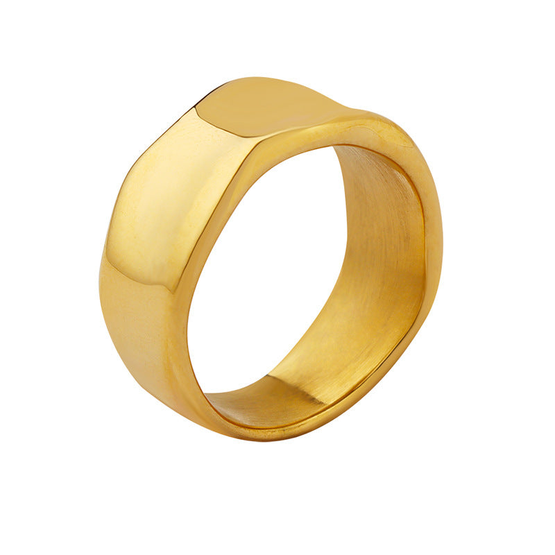 Titanium steel 18K gold plated geometric stripe ring on hand, Close-up of horizontal striped design on gold plated ring, Luxury gift box with 18K gold titanium steel jewelry, Water-resistant gold plated ring with recycled titanium steel,Two-year guarantee hypoallergenic gold tone ring