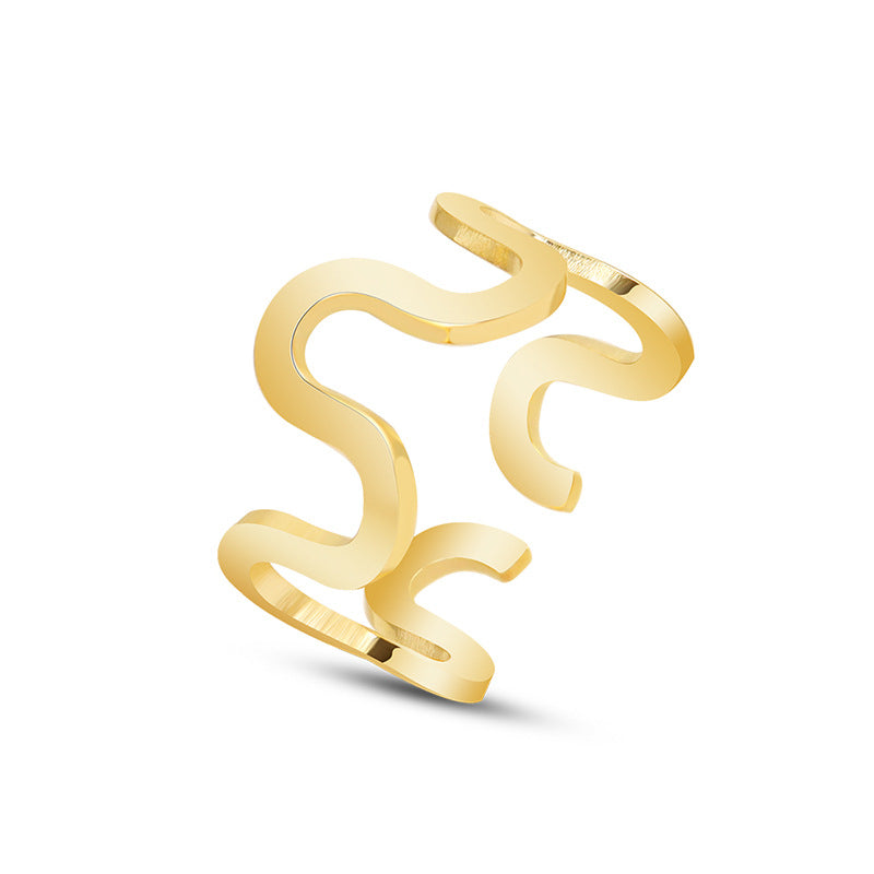 Titanium steel 18K gold plated geometric stripe ring on hand, Close-up of horizontal striped design on gold plated ring, Luxury gift box with 18K gold titanium steel jewelry, Water-resistant gold plated ring with recycled titanium steel,Two-year guarantee hypoallergenic gold tone ring
