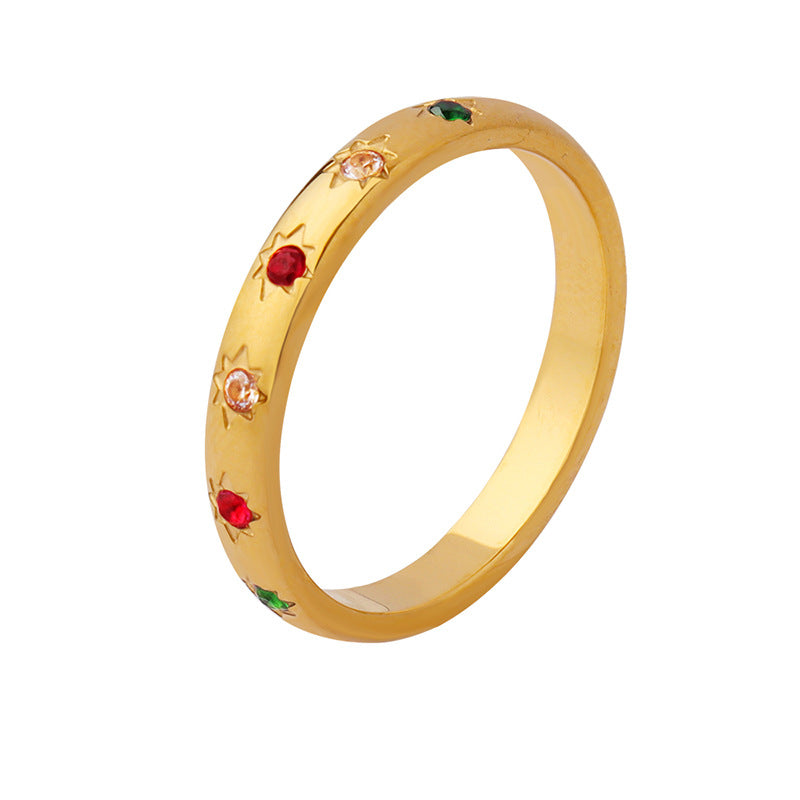 Titanium steel 18K gold plated geometric stripe ring on hand, Close-up of horizontal striped design on gold plated ring, Luxury gift box with 18K gold titanium steel jewelry, Water-resistant gold plated ring with recycled titanium steel,Two-year guarantee hypoallergenic gold tone ring