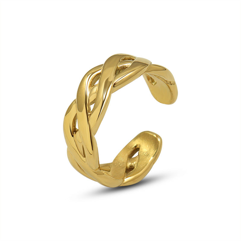 Titanium steel 18K gold plated geometric stripe ring on hand, Close-up of horizontal striped design on gold plated ring, Luxury gift box with 18K gold titanium steel jewelry, Water-resistant gold plated ring with recycled titanium steel,Two-year guarantee hypoallergenic gold tone ring