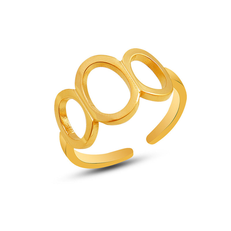 Titanium steel 18K gold plated geometric stripe ring on hand, Close-up of horizontal striped design on gold plated ring, Luxury gift box with 18K gold titanium steel jewelry, Water-resistant gold plated ring with recycled titanium steel,Two-year guarantee hypoallergenic gold tone ring
