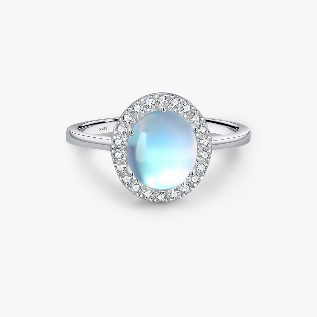 Stackable sterling silver moonstone ring on finger, Ins style moonstone ring with celestial glow, Recycled silver moonstone stacking band jewelry,Close-up of natural moonstone in silver ring setting, Minimalist moonstone ring for layered arm candy