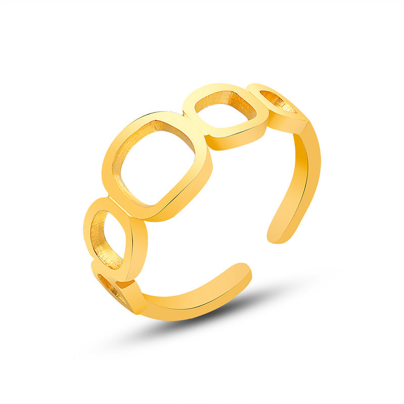 Titanium steel 18K gold plated geometric stripe ring on hand, Close-up of horizontal striped design on gold plated ring, Luxury gift box with 18K gold titanium steel jewelry, Water-resistant gold plated ring with recycled titanium steel,Two-year guarantee hypoallergenic gold tone ring
