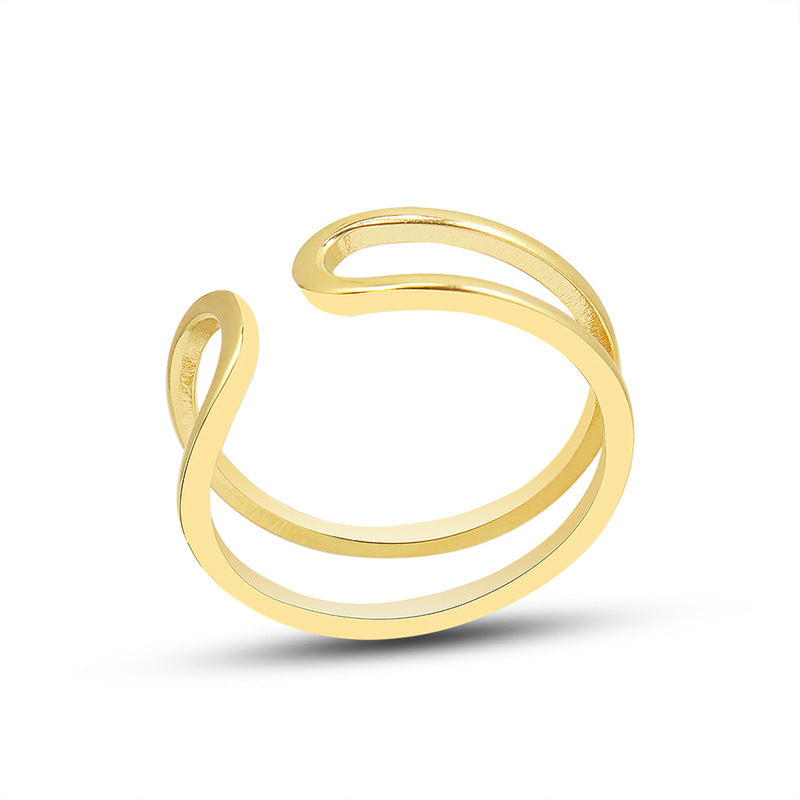 Titanium steel 18K gold plated geometric stripe ring on hand, Close-up of horizontal striped design on gold plated ring, Luxury gift box with 18K gold titanium steel jewelry, Water-resistant gold plated ring with recycled titanium steel,Two-year guarantee hypoallergenic gold tone ring