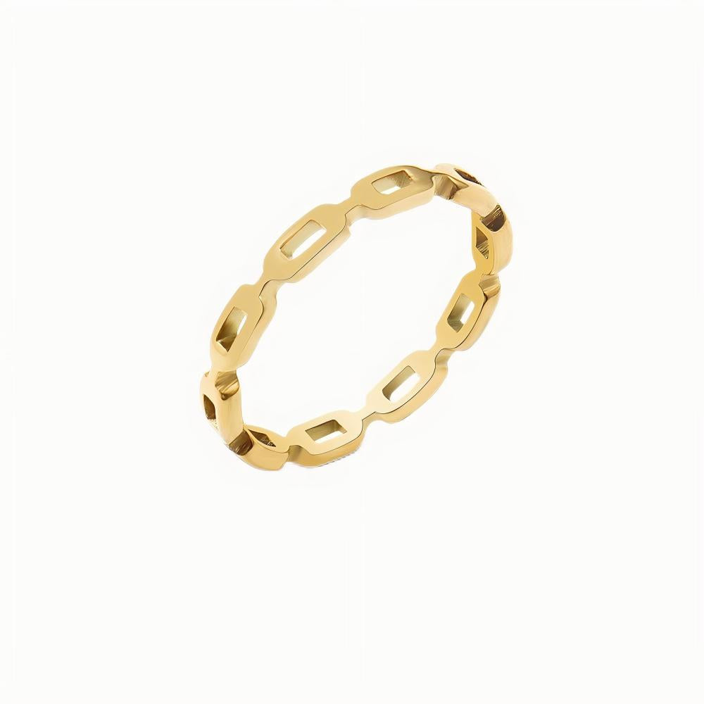 Titanium steel 18K gold plated geometric stripe ring on hand, Close-up of horizontal striped design on gold plated ring, Luxury gift box with 18K gold titanium steel jewelry, Water-resistant gold plated ring with recycled titanium steel,Two-year guarantee hypoallergenic gold tone ring