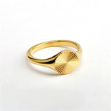 Titanium steel 18K gold plated geometric stripe ring on hand, Close-up of horizontal striped design on gold plated ring, Luxury gift box with 18K gold titanium steel jewelry, Water-resistant gold plated ring with recycled titanium steel,Two-year guarantee hypoallergenic gold tone ring