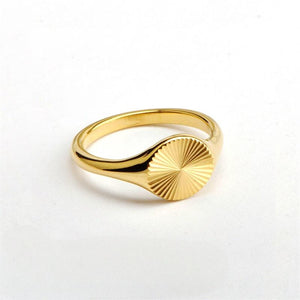 Titanium steel 18K gold plated geometric stripe ring on hand, Close-up of horizontal striped design on gold plated ring, Luxury gift box with 18K gold titanium steel jewelry, Water-resistant gold plated ring with recycled titanium steel,Two-year guarantee hypoallergenic gold tone ring