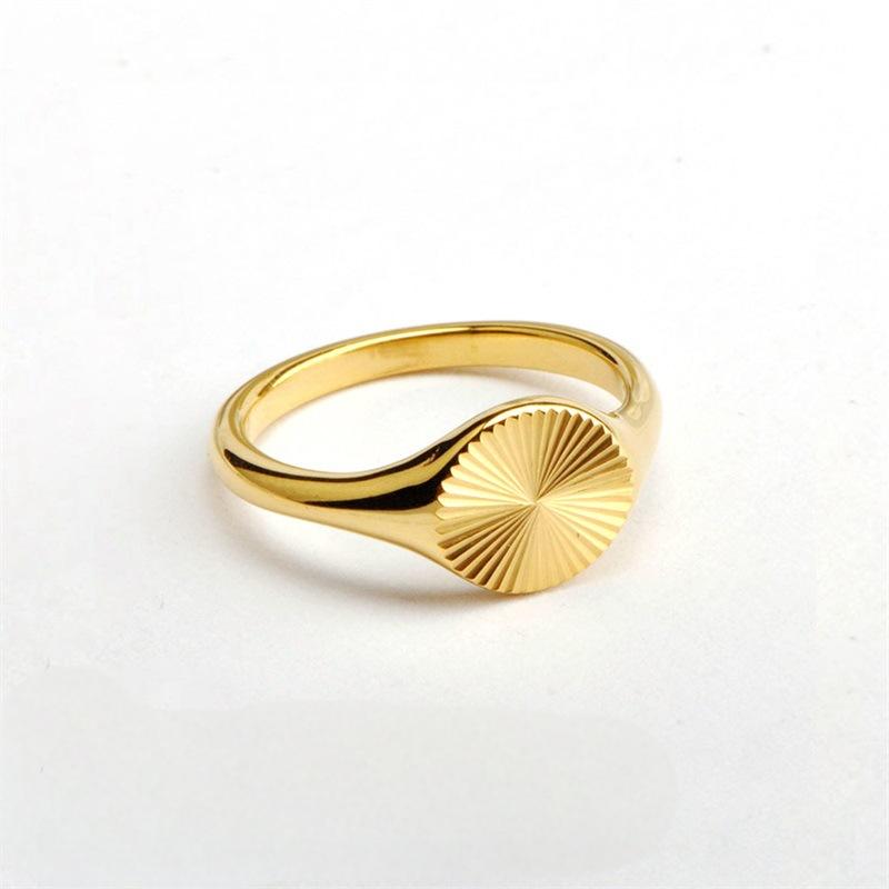 Titanium steel 18K gold plated geometric stripe ring on hand, Close-up of horizontal striped design on gold plated ring, Luxury gift box with 18K gold titanium steel jewelry, Water-resistant gold plated ring with recycled titanium steel,Two-year guarantee hypoallergenic gold tone ring