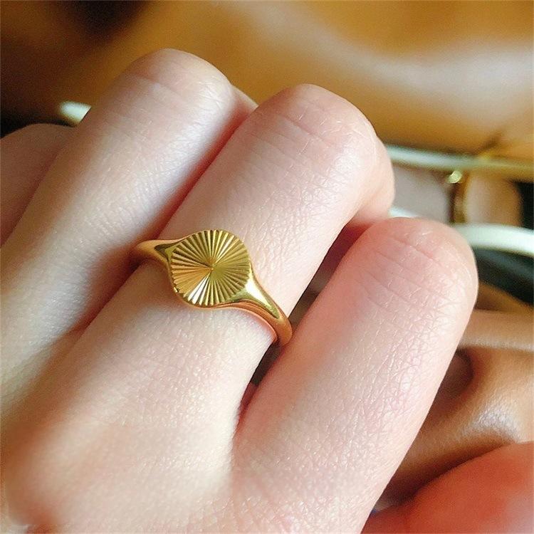 Titanium steel 18K gold plated geometric stripe ring on hand, Close-up of horizontal striped design on gold plated ring, Luxury gift box with 18K gold titanium steel jewelry, Water-resistant gold plated ring with recycled titanium steel,Two-year guarantee hypoallergenic gold tone ring