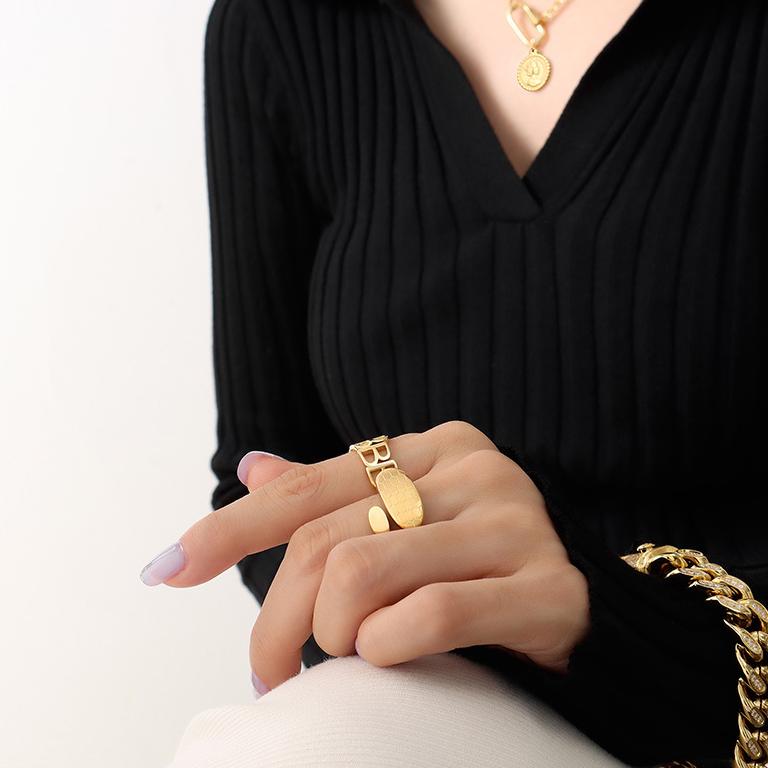 Titanium steel 18K gold plated geometric stripe ring on hand, Close-up of horizontal striped design on gold plated ring, Luxury gift box with 18K gold titanium steel jewelry, Water-resistant gold plated ring with recycled titanium steel,Two-year guarantee hypoallergenic gold tone ring