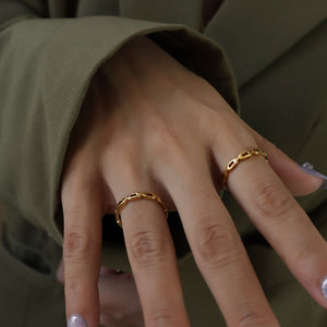 Titanium steel 18K gold plated geometric stripe ring on hand, Close-up of horizontal striped design on gold plated ring, Luxury gift box with 18K gold titanium steel jewelry, Water-resistant gold plated ring with recycled titanium steel,Two-year guarantee hypoallergenic gold tone ring