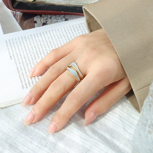 Titanium steel 18K gold plated geometric stripe ring on hand, Close-up of horizontal striped design on gold plated ring, Luxury gift box with 18K gold titanium steel jewelry, Water-resistant gold plated ring with recycled titanium steel,Two-year guarantee hypoallergenic gold tone ring