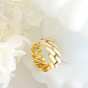 Titanium steel 18K gold plated geometric stripe ring on hand, Close-up of horizontal striped design on gold plated ring, Luxury gift box with 18K gold titanium steel jewelry, Water-resistant gold plated ring with recycled titanium steel,Two-year guarantee hypoallergenic gold tone ring