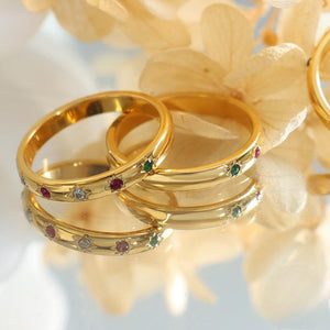 Titanium steel 18K gold plated geometric stripe ring on hand, Close-up of horizontal striped design on gold plated ring, Luxury gift box with 18K gold titanium steel jewelry, Water-resistant gold plated ring with recycled titanium steel,Two-year guarantee hypoallergenic gold tone ring