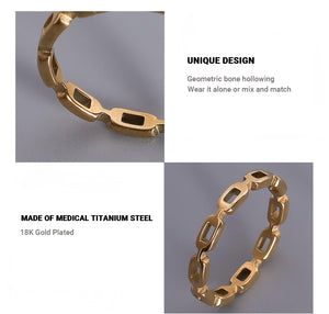 Titanium steel 18K gold plated geometric stripe ring on hand, Close-up of horizontal striped design on gold plated ring, Luxury gift box with 18K gold titanium steel jewelry, Water-resistant gold plated ring with recycled titanium steel,Two-year guarantee hypoallergenic gold tone ring