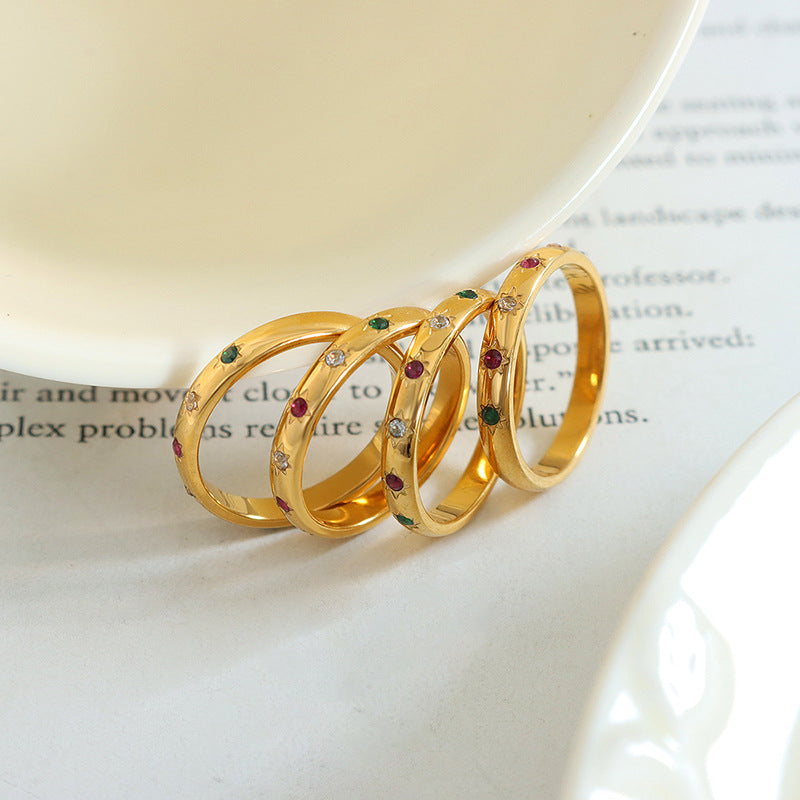 Titanium steel 18K gold plated geometric stripe ring on hand, Close-up of horizontal striped design on gold plated ring, Luxury gift box with 18K gold titanium steel jewelry, Water-resistant gold plated ring with recycled titanium steel,Two-year guarantee hypoallergenic gold tone ring