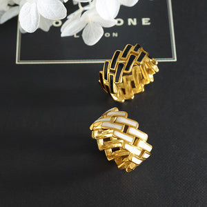 Titanium steel 18K gold plated geometric stripe ring on hand, Close-up of horizontal striped design on gold plated ring, Luxury gift box with 18K gold titanium steel jewelry, Water-resistant gold plated ring with recycled titanium steel,Two-year guarantee hypoallergenic gold tone ring