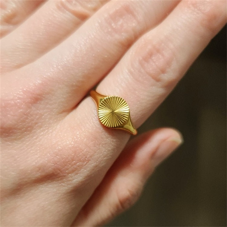 Titanium steel 18K gold plated geometric stripe ring on hand, Close-up of horizontal striped design on gold plated ring, Luxury gift box with 18K gold titanium steel jewelry, Water-resistant gold plated ring with recycled titanium steel,Two-year guarantee hypoallergenic gold tone ring