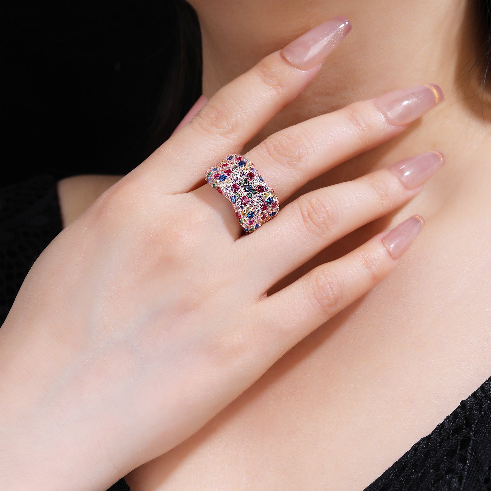 S925 sterling silver rose gold geometric ring for women,Full pavé 5A zircon geometric fashion ring