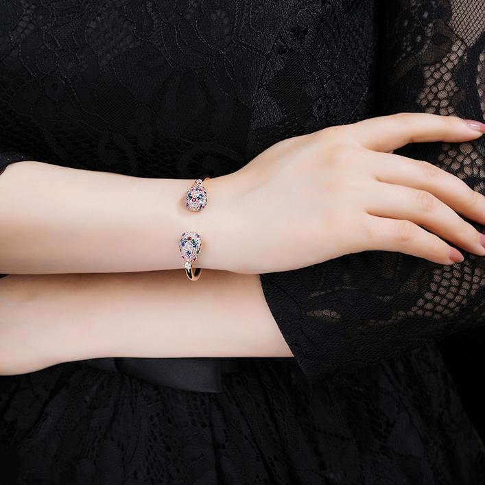 Handmade S925 rose gold open-end bracelet with multi-color zirconia gemstones
